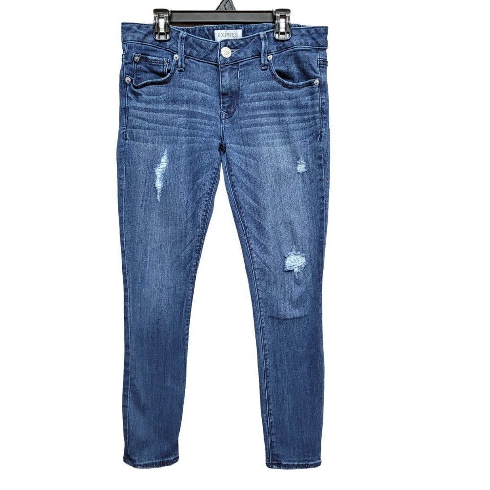 Express Skinny Jeans Blue Medium Wash‎ Womens Size 4 Distressed Denim Stretch